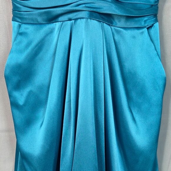 David's Bridal 84177 Y Neck Charmeuse Teal Blue Satin Bubble Hem Dress Size 2 - Picture 5 of 6